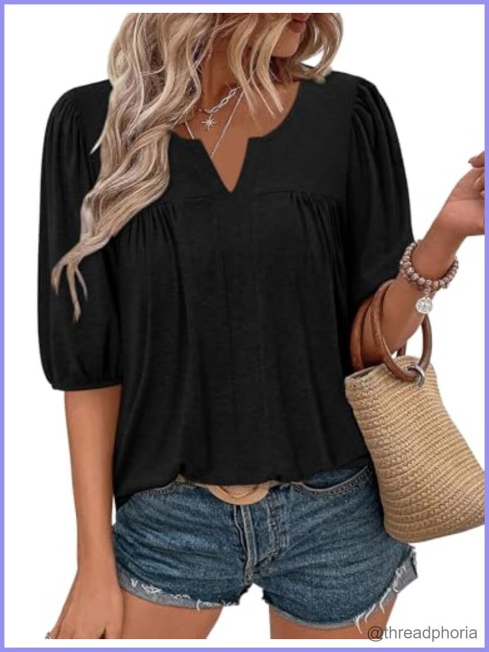 Womens Puff Half Sleeve Pleated Tunic Top Casual Work Blouse